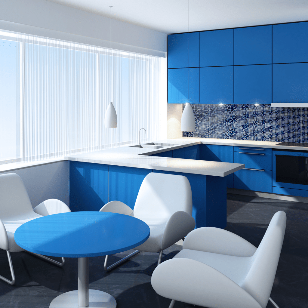 Blue kitchen with tiles and patterns